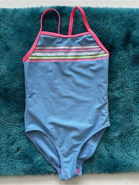 Puma Light Blue One-Piece Swimsuit with Pink Trim and Multi-Stripe Chest